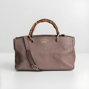 Auth. Gucci Pink Leather Bamboo Shopper Handbag Medium 2 Way Shoulder Tote Bag